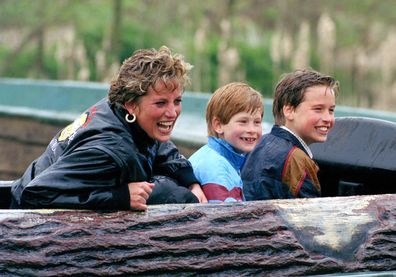 Diana Princess Of Wales, Prince William and Prince Harry visit The Thorpe Park Amusement Park in 1993.