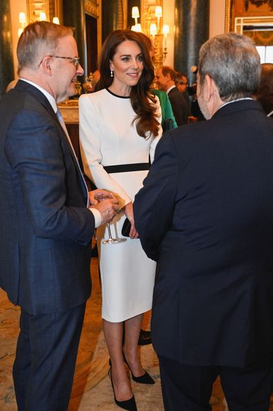 Catherine, Princess of Wales and Australian Prime Minister Anthony Albanese attend a Realm Governors General and Prime Ministers Lunch, ahead of the coronation of King Charles III, at Buckingham Palace on May 5, 2023 in London 