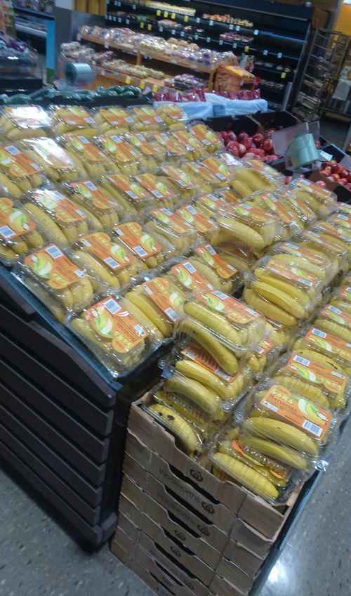 The photo, posted to Reddit, shows bunches of bananas encased in hard plastic. The location of the store is unknown. (Reddit / jigsaw153)