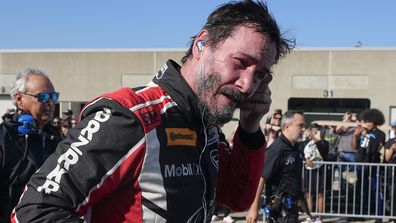 Keanu Reeves kjører under GR Cup Series billøp på Indianapolis Motor Speedway, lørdag 5. oktober 2024, i Indianapolis. (AP Photo/Darron Cummings)