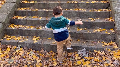 Vista de um menino subindo uma escada