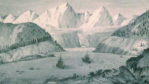 Duché de Vancy's painting of La Perouse's ships landing in Lituya Bay in Alaska. 