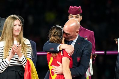Luis Rubiales kisses Aitana Bonmatí of Spain during the World Cup celebrations.