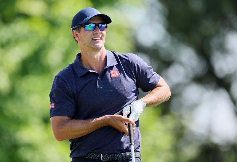 Adam Scott of Australia plays his shot from the ninth tee during the second round of the BMW Championship at Wilmington Country Club on August 19, 2022 in Wilmington, Delaware. (Photo by Andy Lyons/Getty Images)