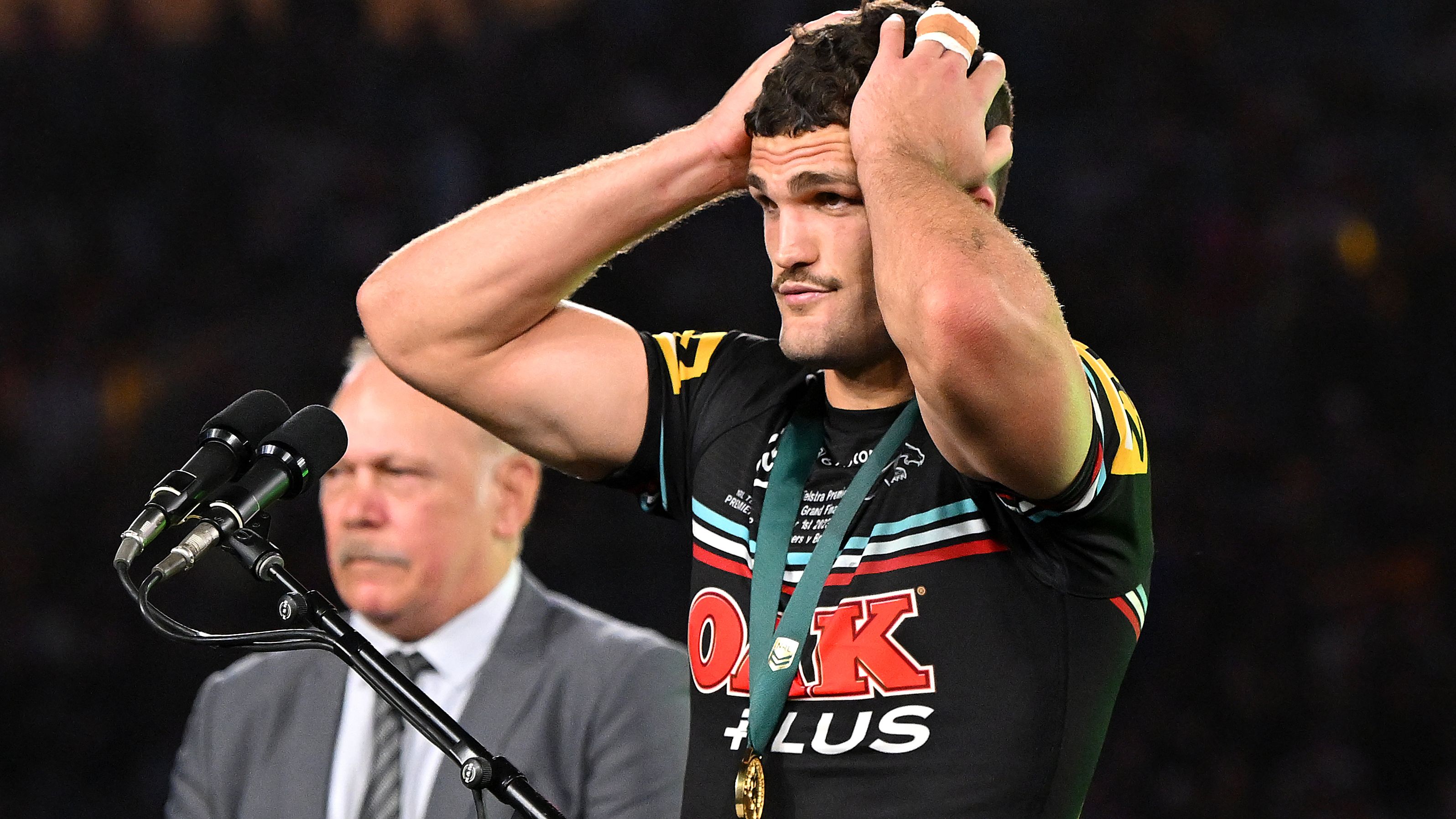 Nathan Cleary accepts the Clive Churchill Medal after winning the 2023 NRL grand final with Penrith.