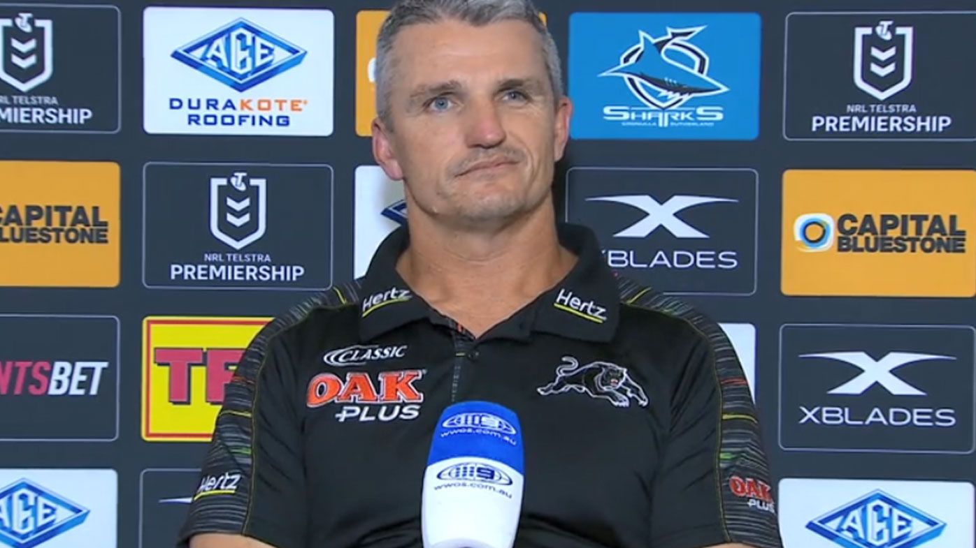 Ivan Cleary winces hearing the 'Up Up Cronulla' chant before his post-game press conference