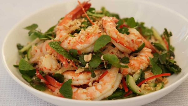 Prawn salad with chilli, cucumber and watercress