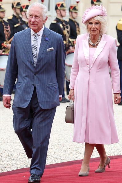 King Charles III and Queen Camilla arrive at the Elysee Presidential Palace prior to a bilateral meeting between King Charles III and President of France Emmanuel Macron on September 20, 2023 in Paris, France.  