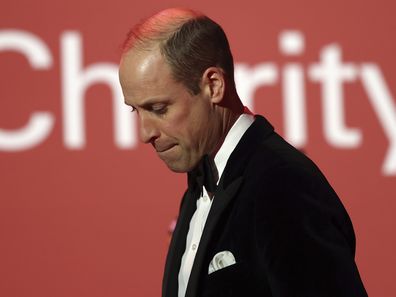 Britain's Prince William, the Prince of Wales leaves the stage after delivering a speech during the London Air Ambulance Charity Gala Dinner at The OWO, in central London, Wednesday, Feb. 7, 2024. 