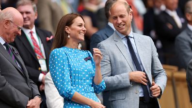 Catherine, Duchess of Cambridge and Prince William, Duke of Cambridge watch from the Royal Box as Novak Djokovic of Serbia wins against Jannik Sinner of Italy during their Men's Singles Quarter Final match on day nine of The Championships Wimbledon 2022.
