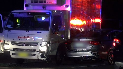 A wild driving spree through Sydney in a stolen Coles truck, has left six vehicles damaged. Picture: 9NEWS