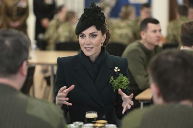 Britain's Kate, the Princess of Wales, visits the regiment of the Irish Guards, at a special St Patrick's Day parade and celebration at Wellington Barracks in London, Monday, March 17, 2025. (Eddie Mulholland/Pool Photo via AP)