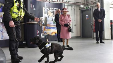 Britain's Queen Elizabeth II arrives for a visit to the Defence Science and Technology Laboratory (DSTL) at Porton Down, England, Thursday Oct. 15, 2020, to view the Energetics Enclosure and display of weaponry and tactics used in counter intelligence
