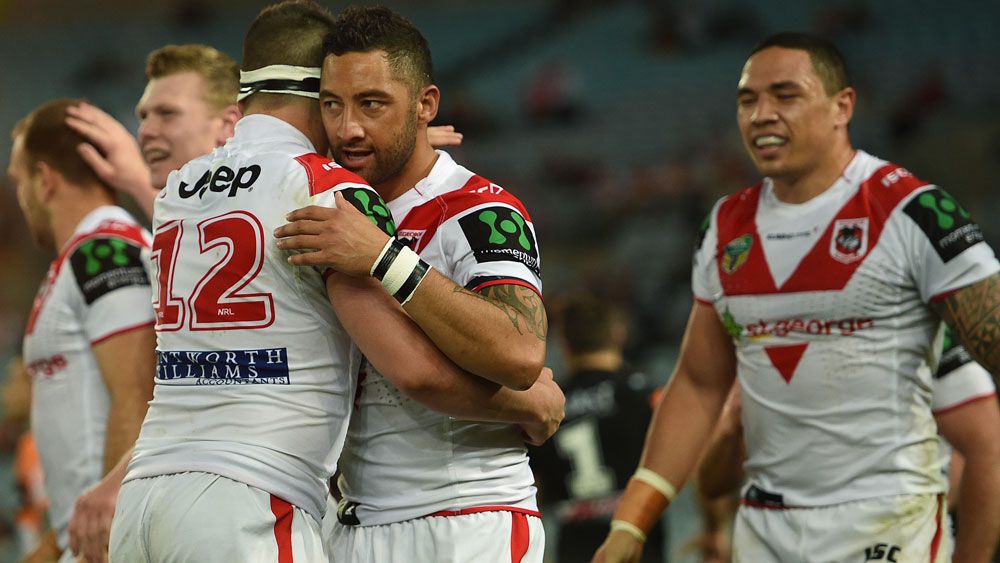 Dragons captain Ben Creagh and Benji Marshall celebrate a try. (AAP)