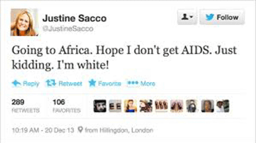 Sacco's offending tweet (Twitter). 