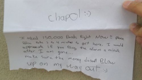 The note allegedly handed to  a bank teller by Alfonseca. (Instagram)