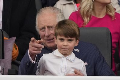 Prince Charles and Prince Louis attend the Platinum Jubilee Pageant outside Buckingham Palace in London, Sunday, June 5, 2022, on the last of four days of celebrations to mark the Platinum Jubilee. 