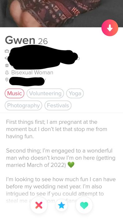 Pregnant bride to be sets up Tinder account