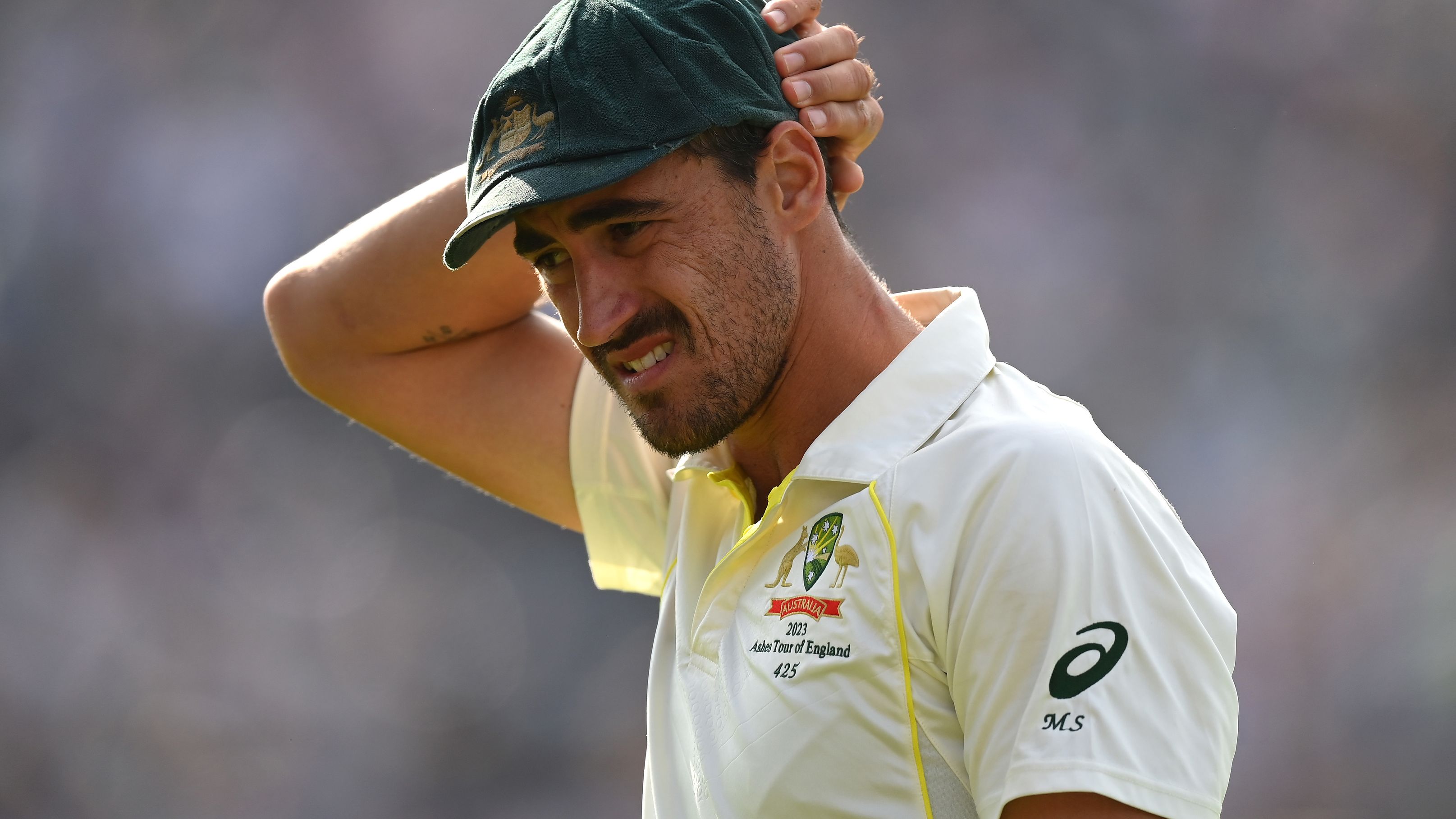 MANCHESTER, ENGLAND - JULY 20: Mitchell Starc of Australia looks on during Day Two of the LV= Insurance Ashes 4th Test Match between England and Australia at Emirates Old Trafford on July 20, 2023 in Manchester, England. (Photo by Alex Davidson/Getty Images)