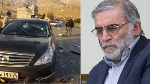 Scene where Mohsen Fakhrizadeh was killed Nov 27, 2020 / Mohsen Fakhrizadeh sits in a meeting January 23, 2019