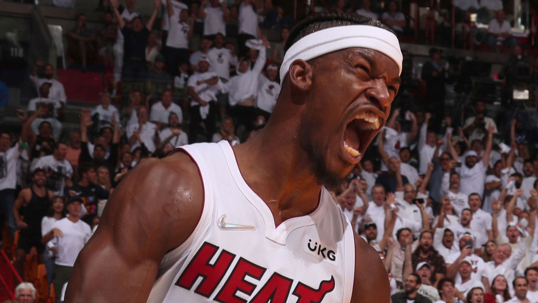 Heat star Jimmy Butler celebrates a bucket during game one of the Eastern Conference Finals against the Celtics.