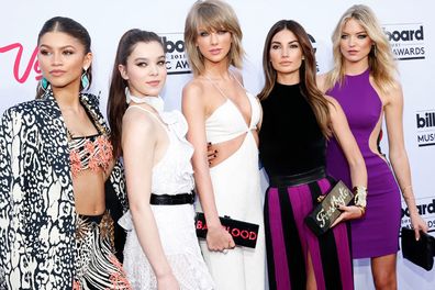 Stars have hit the red carpet at the 2015 Billboard Music Awards at the MGM Grand Garden Arena in Las Vegas. Pictured from left Zendaya, Hailee Steinfeld, Taylor Swift, Lily Aldridge, and Martha Hunt. (AAP)
