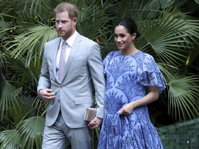 Britain's Prince Harry, left Meghan, the Duchess of Sussex, centre, leave the residence of Mohammed VI of Morocco,  on the third day of their tour of Morocco, in Rabat, Monday, Feb. 25, 2019. (Yui Mok/Pool Photo via AP)