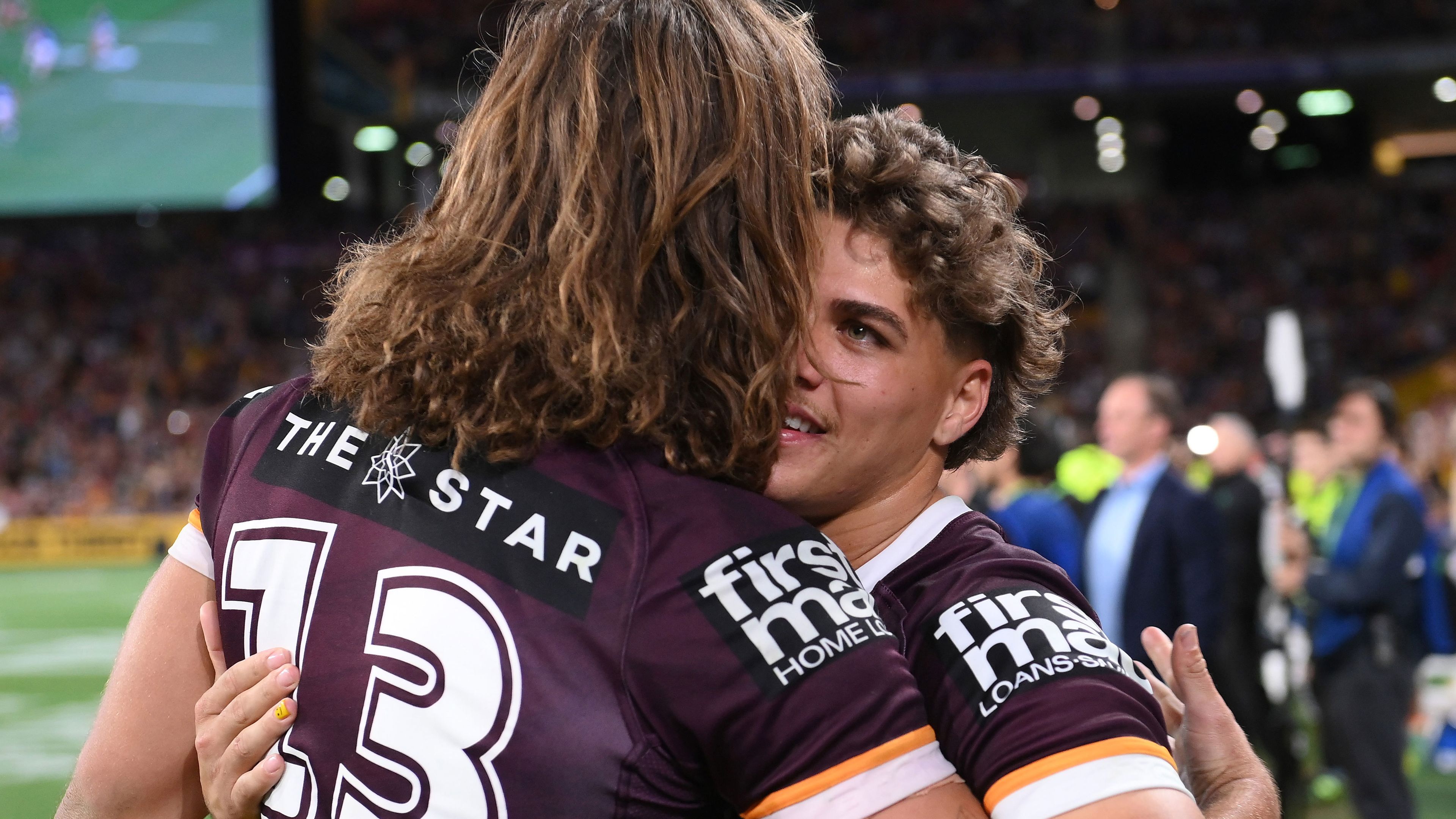 Patrick Carrigan and Reece Walsh celebrate the Broncos&#x27; preliminary final win over the Warriors.