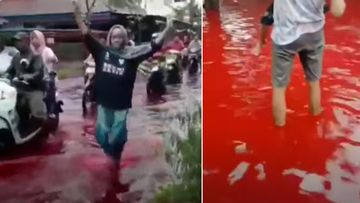 An Indonesian village has been inundated by blood-red water after flooding hit a local batik factory.