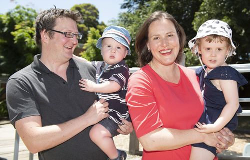 Kelly O'Dwyer with her husband Jon and children Edward and Olivia after announcing her resignation in a press conference on Saturday.