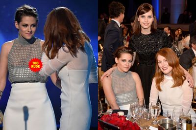 K-Stew even flashed on stage while presenting Julianne Moore with her award. Oops! She later partied with Julianne and Felicity Jones... keeping far away from ex Robert Pattinson.