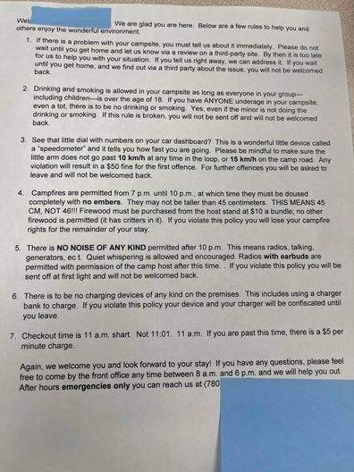 Campsite's crazy list of rules left for guests shared to Facebook. 