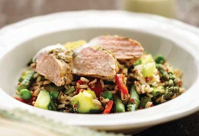 Recipe: <a href="/recipes/ipork/9043543/pork-fillet-and-quinoa-salad" target="_top">Pork fillet and quinoa salad</a>