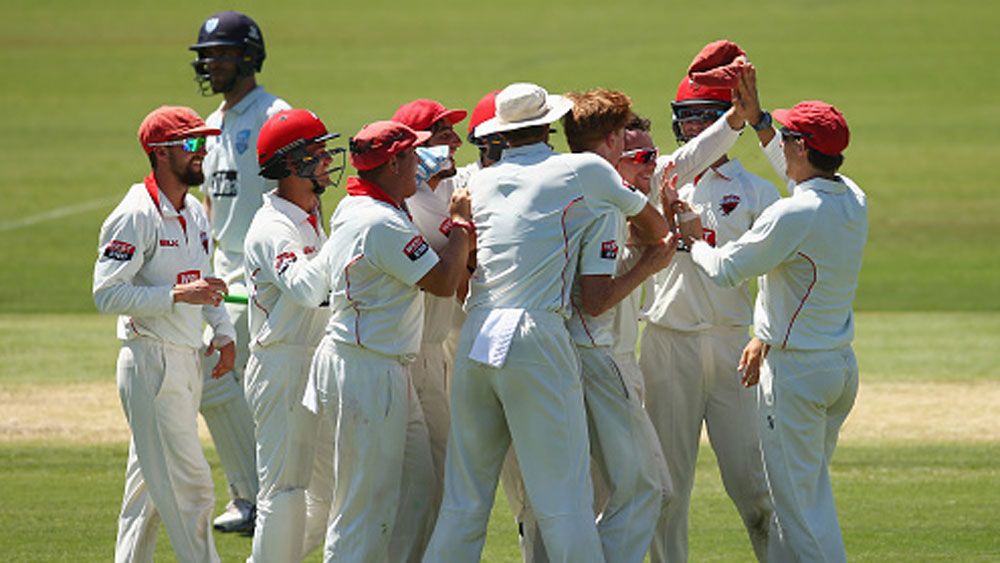 Redbacks captain Travis head and his teammates celebrate a wicket. (Getty)