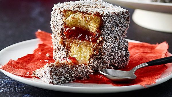 Cranberry ganache-filled lamingtons