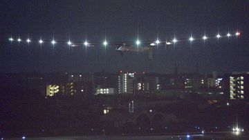 Solar Impulse 2, as it departs Japan after a month-long layover, now headed for Hawaii. (AAP)