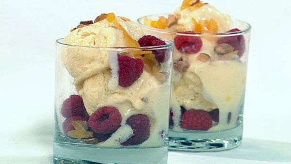 Parfait shots of berry yoghurt sorbet with raspberries