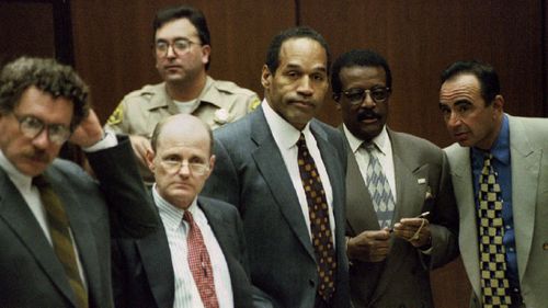 O.J. Simpson is shown with members of his defence team as the jury enters the court April 5 in the Simpson double-murder trial. They are Alan Dershowitz, Robert Blasier, Simpson, Johnny Cochran and Robert Shapiro.