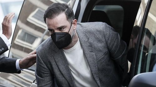Germany's former national soccer player Christoph Metzelder arrives at the court for the opening of his trial in Duesseldorf, Germany, Thursday, April 29, 2021. The former defender of Borussia Dortmund, Real Madrid and Schalke 04 stands trial on charges of possession and distribution of child pornography.