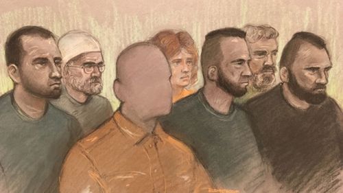 An artist sketch of the accused on trial at Worcester Crown Court in England.