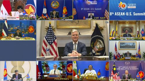 This image made from a teleconference provided by the Vietnam News Agency (VNA) shows U.S. national security adviser Robert O'Brien, center, with leaders of the Association of Southeast Asian Nations (ASEAN) during a virtual summit Saturday, Nov. 14, 2020