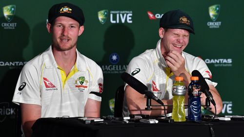 Bancoft left his Aussie captain crying with laughter in their hilarious press conference today. Picture: AAP