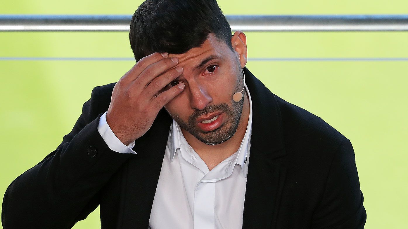 Sergio Aguero fights back tears after announcing retirement following health scare