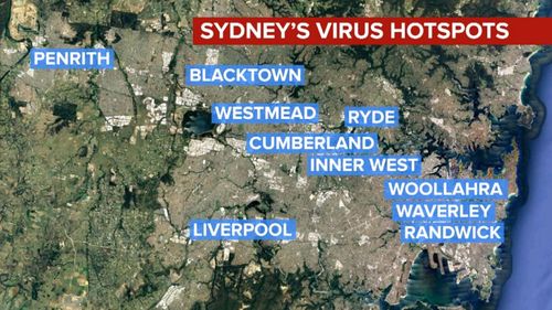 The COVID-19 hotspots in Sydney where NSW Chief Health Officer Dr Kerry Chant  wants to see an increase in testing, to track community transmission.