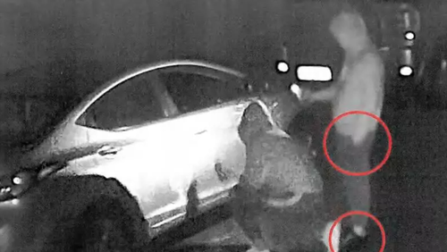 Mohommed Farhat and Thomas Stojanovski spray-paint a car during their anti-Semitic vandalism spree. Photo: HANDOUT/NSW SUPREME COURT