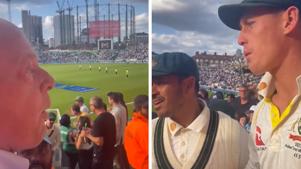 Usman Khawaja and Marnus Labuschagne confront a lippy fan after day three at The Oval.