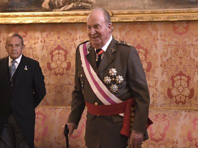 Former Spain's King Juan Carlos, left at the annual Epiphany Day celebrations at the Royal Palace in Madrid, Spain, Saturday, Jan. 6, 2018. 