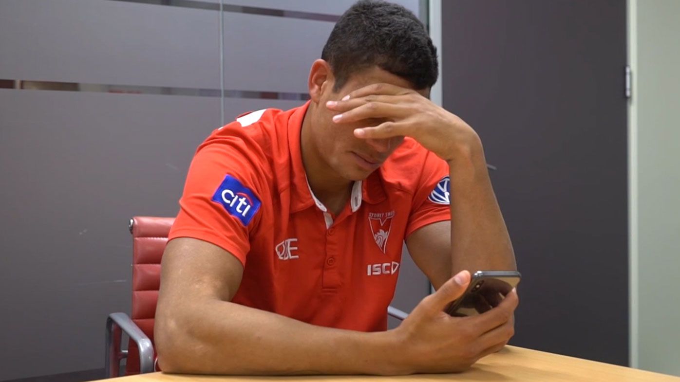 Sydney Swans debutant James Bell fights back tears in heartwarming call with mother 