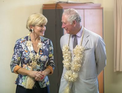 The Prince of Wales, Prince Charles and Australian Minster for Foreign Affairs Julie Bishop during a visit to the Port Vila Central Hospital, as he visits the South Pacific island of Vanuatu, during his tour of the region. April 8, 2018