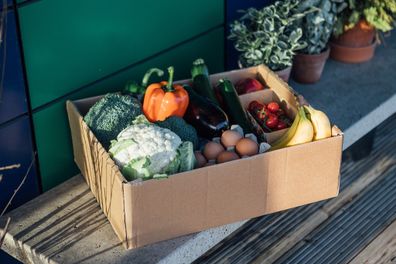 A delivery box filled with fresh organic vegetables and fruits on the front yard